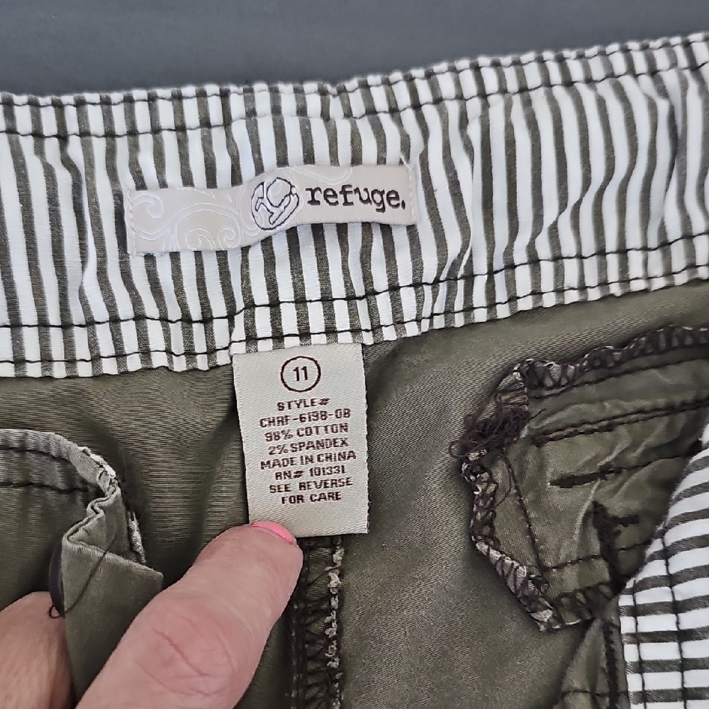 refuge Olive Green Bermuda Style Shorts with Black and White Striped Waistband